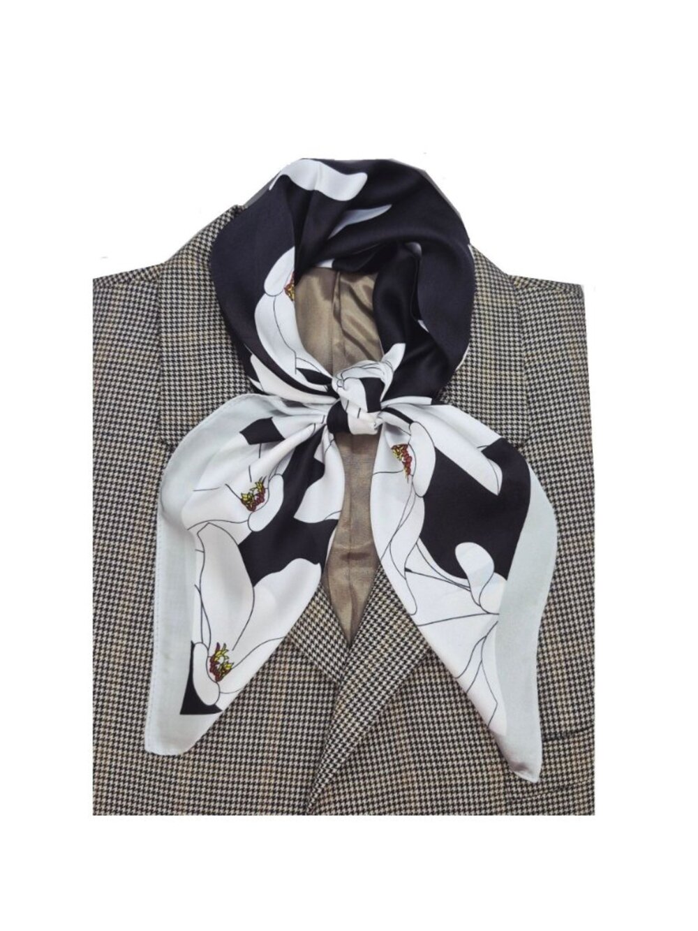 Luxurious Chic Silky Square Scarf Soft Black White Magnolia Floral Print Bandana - Picture 2 of 6